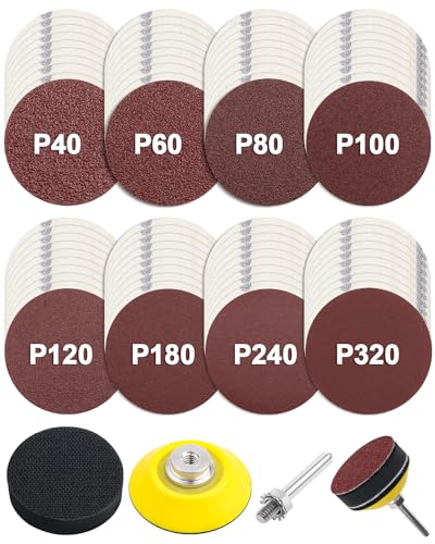 JatilEr Pack of 80 Sandpaper 50 mm , 2 Inch Round Sanding Pads Grit P40 P60 P80 P100 P120 P180 P240 P320 Random Orbital Sanders Sanding Discs Pad Kit Polishing Pad Adapter for Polished Car Metal Wood Pack of 80 P40-320 + polishing pad adapter