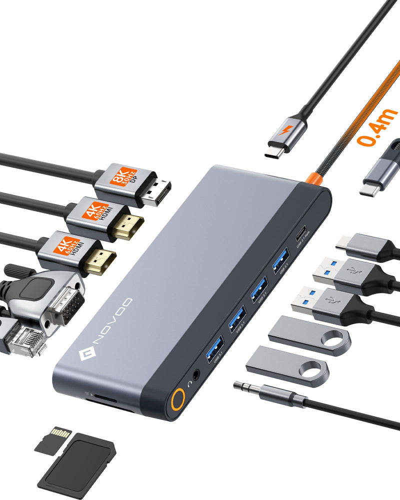 USB C Docking Station Quad Display, 14-in-1 Laptop Docking Station Dual Monitor, 8K@30Hz DP, Dual 4K@60Hz HDMI, VGA, 5 USB Data Ports, 100W PD, Ethernet, SD/TF, Mic/Audio, USB C HUB, Thunderbolt Dock 14 in 1 Dock