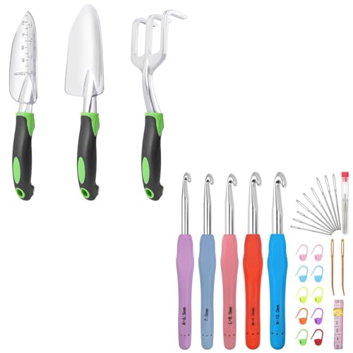 Garden Tools Set, 3 Pack Heavy Duty Gardening Tools Set Include Garden Shovel, Transplant Trowel and Hand Rake + Large Crochet Hooks 5 Sizes Crochet Hook Set, 29 Pack Yarn Needle Kits for Beginners