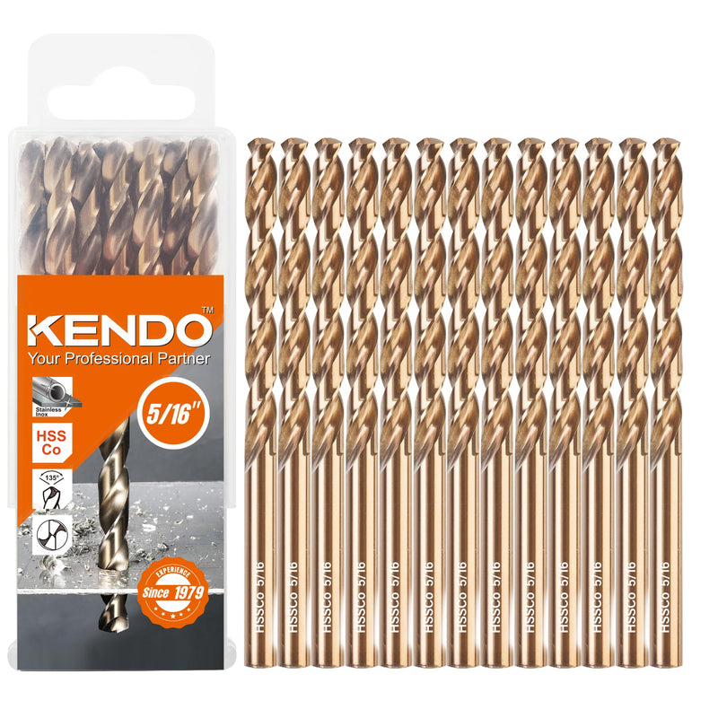 KENDO 5/16 Inch Cobalt Drill Bits (13pcs), M35 High Speed Steel, 135 Degree Tip, Jobber Length Twist Drill Bit Set for Hard Metal, Stainless Steel, Cast Iron, Wood and Plastic, with Storage Case 5/16" (13Pcs)