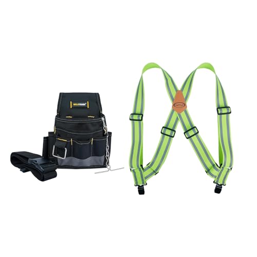 MELOTOUGH Electrician Tool Pouch Tool Belt Pouches with Belt Clip, Electrical Tape Chain, Multiple Pockets Tool Organizer, Reflective Safety Side Clip Suspenders with Hi Viz Reflective Strip