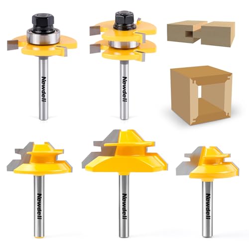 Newdeli 2Pcs Tongue and Groove Router Bit Set & 3Pcs 45 Degree Lock Miter Router bits (1/2” 5/8” 3/4” Cutting Height) 1/4 Inch Shank Joint Router Bits for Professional and Beginner Carpenters