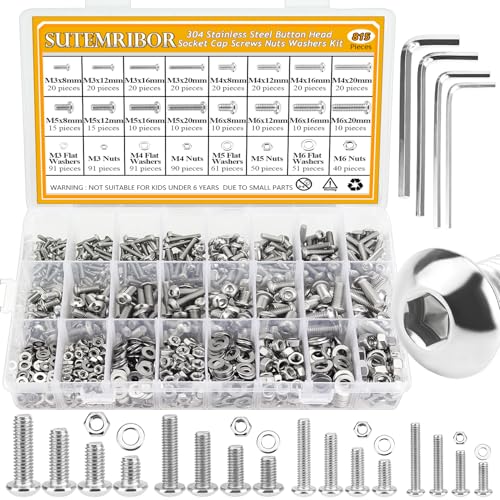 815 Pieces M3 M4 M5 M6 Button Head Socket Cap Screws Nuts Washers Assortment Kit, Metric Screw Assortment with Hex Wrenches, 304 Stainless Steel, Fully Threaded M3M4M5M6 (815 Pieces)