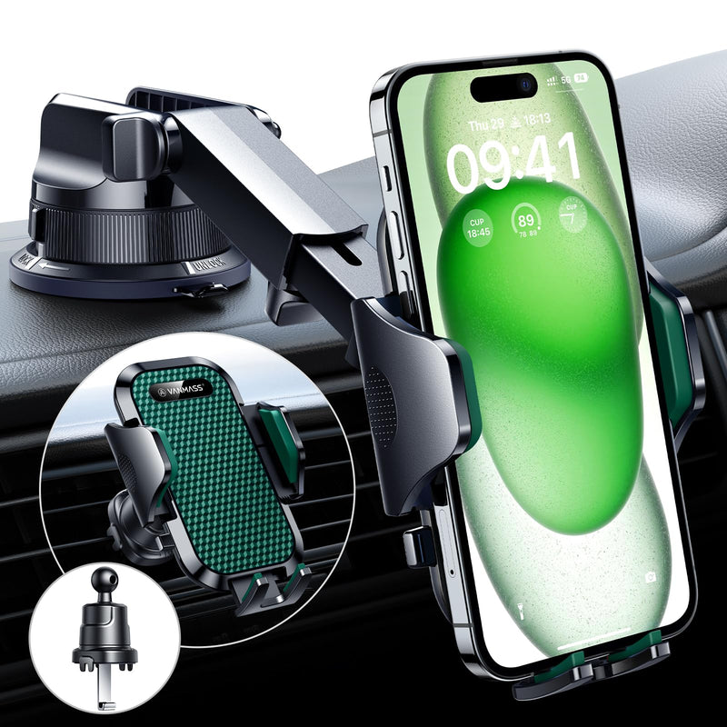 VANMASS [True Military-Grade] Car Phone Holder [Strongest Suction & Clip] Cell Phone Mount for Dashboard Windshield Vent Truck Accessories Cradle Dash Stand for iPhone 15 14 13 12 Android,Green Green