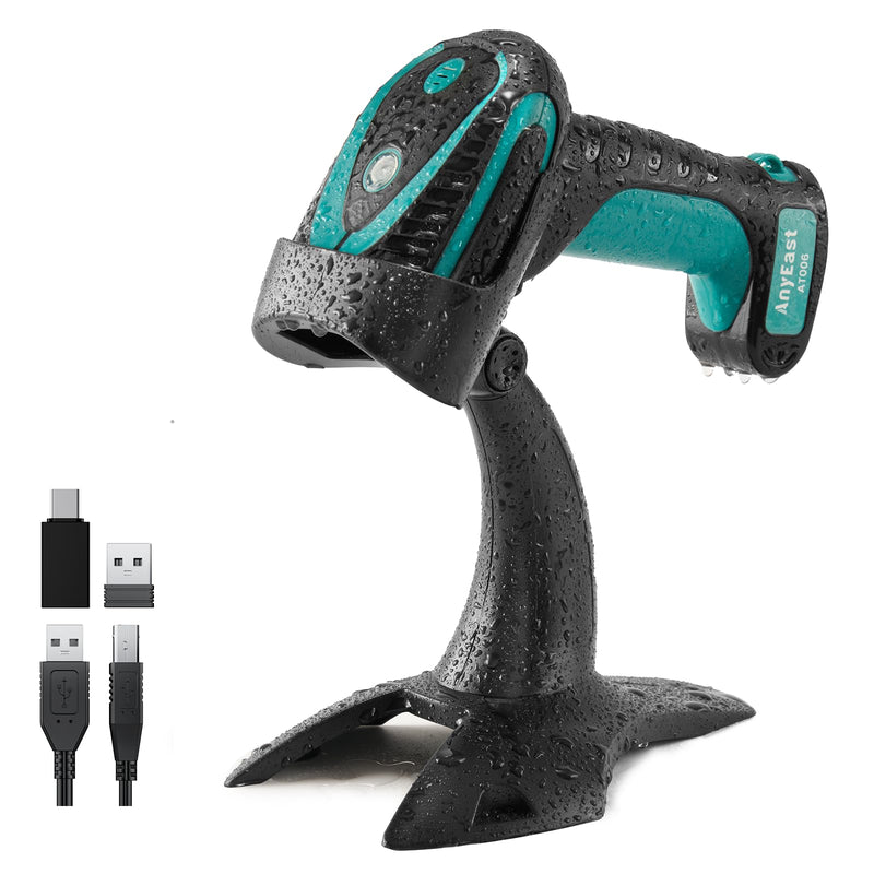 Wireless Barcode Scanner with Stand, Industrial 1D 2D QR Bluetooth Barcode Scanner for Android, iOS, Windows, Mac, USB Bar Code Reader Scanner with Drop Resistant Dustproof Waterproof Green
