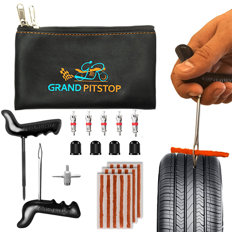 GRAND PITSTOP 27 Pcs Universal Tire Repair Kit, Heavy Duty Car Emergency Tool Kit for Flat Tire Puncture Repair, Compact Kit for Autos, Cars, Motorcycles, Trucks, RVs, etc.(15 Strips) Strip Puncture Kit + 15 Strips