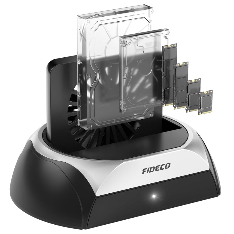 FIDECO Hard Drive Docking Station, M.2 NVME SSD Docking Station with Cooling Fan, Support 2.5 and 3.5 inch SATA HDD SSD, and M.2 NVME SATA SSD, Ultimate Heat Dissipation Black & Silver