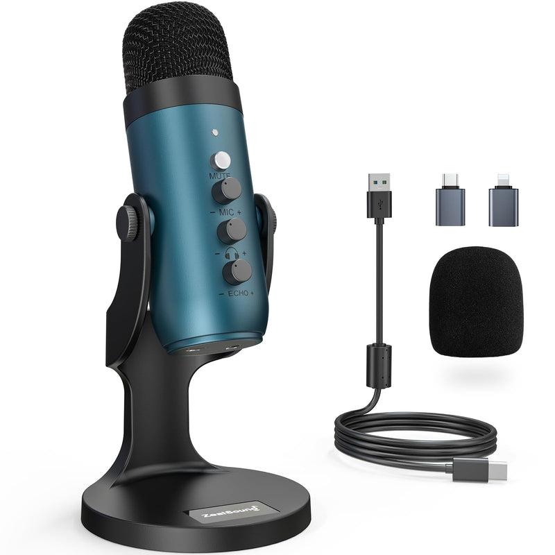 ZealSound USB Microphone,Quick Mute Noise Cancel for Phone Computer PC PS5,Gaming Microphone with Gain Control,Echo Monitor Volume Adjust for Streaming Vocal Recording ASMR Podcast Video (Teal) Teal