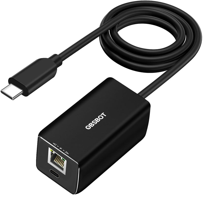 OBSBOT USB-C to Ethernet Adapter,Lower Latency,10/100 Mbps Data Transfer Rate,Dual Ethernet & USB-C Interface,Support Power Over Ethernet (PoE),Charge While Stay Connect Tail Air,MacBook,PC