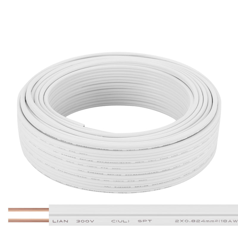 SPT-1 50FT 18/2 Electrical Wire, 18 Gauge 2 Conductors Lighting Copper Wire, Hookup LED Lighting Strips Flexible Wire Extension Cord, White