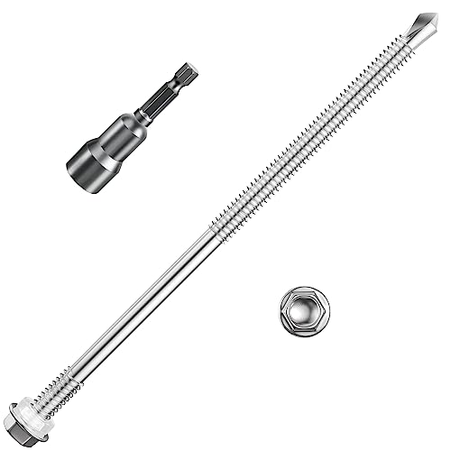 Wensilon (50Pcs)#14×7" Hex Washer Head Self Drilling Screws, 410 Stainless Steel Metal SheetScrews，TEK Screws, Self Drilling Screws, Self Tapping Screws,Extensions Extra Long Screws #14×7” Silver