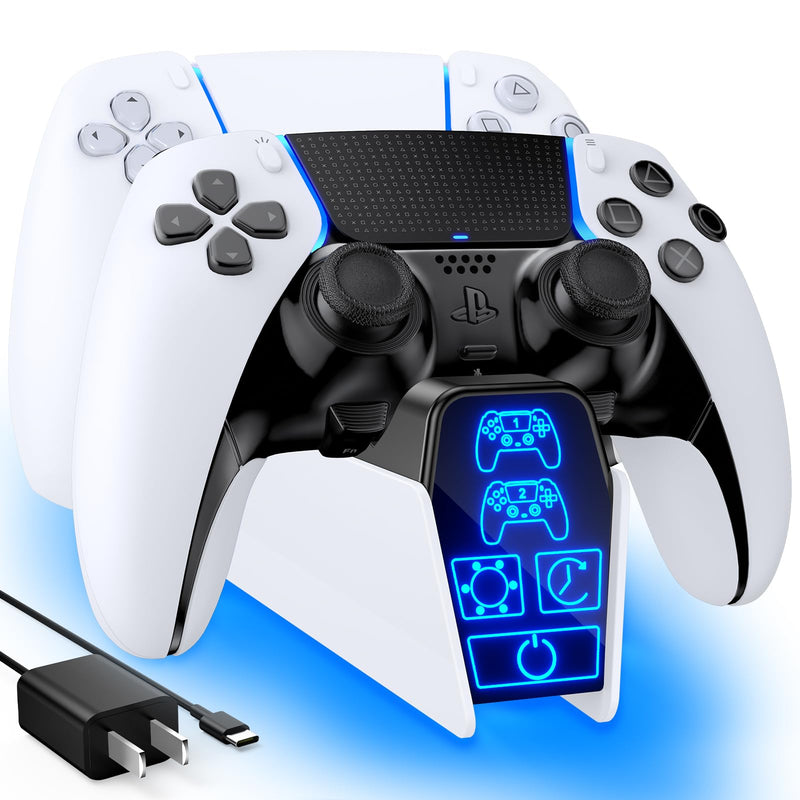 PS5 Controller Charger Station with 5V/3A AC Adapter for Dualsense Controller & Edge Controller for Playstation 5 Storage, PS5 Accessories Charging Station Timer White