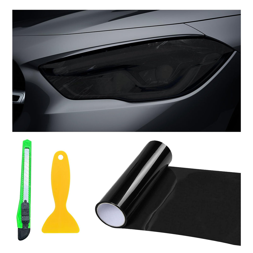 12 × 48 Inch Car Light Tint Film, Shiny Chameleon Headlights Tail Lights Fog Lights Films with Squeeze & Cutter, Self Adhesive Vinyl Film Sticker Sheet Roll Car Accessories (Dark Black) Dark Black