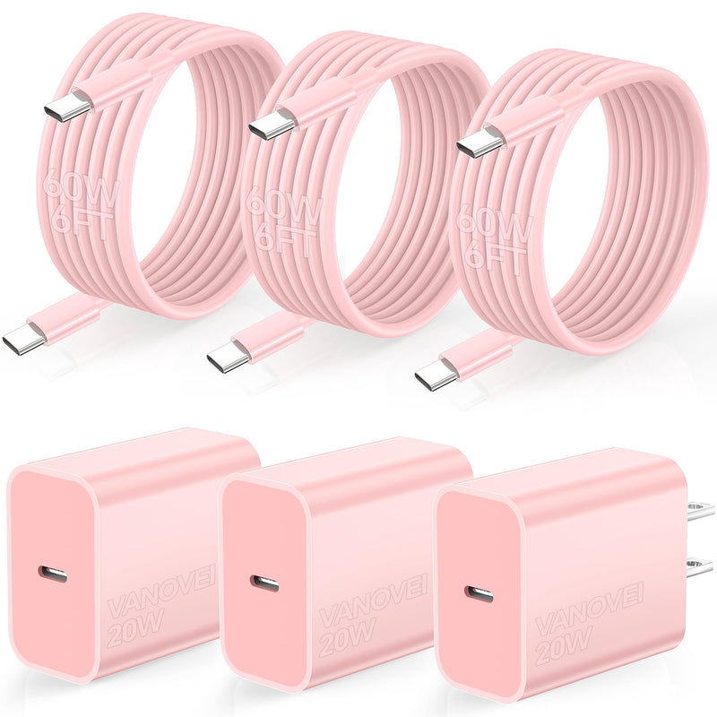 for iPhone USB C Charger Fast Charging, 3Pack 20W USB C Charger Block with 60W USB C to C Cable 6FT, USB C Charger Cord Compatible with iPhone 15 Plus/Pro Max/Pad Pro/Samsung S23/Android ChargerPink… 3pack Pink C-C