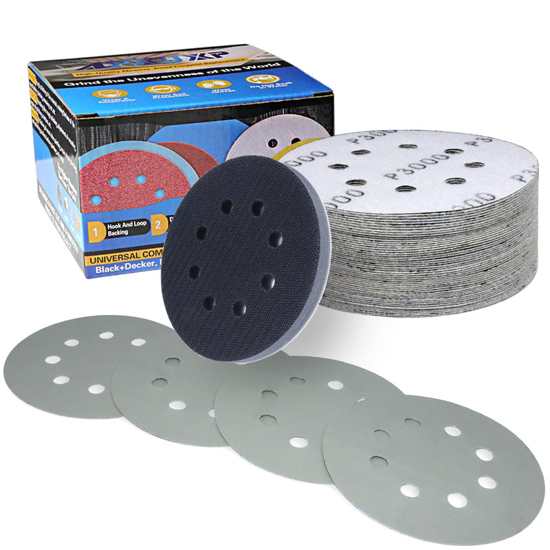 Pack of 51 Sandpaper 125 mm 3000 Grit Wet Dry Sanding Discs 8 Holes Silicon Carbide Sanding Sheets Professional for Random Orbital Sander (Includes 1 Piece Cushion Pad) for Car Metal P3000 grit