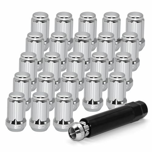 24 PCS 1/2-20 Chrome Lug Nuts, 1.35" Tall Hex Trailer Lug Nuts, 60 Degree Conical Cone Seat with Socket Key, Wheel Lugnuts Compatible with Jeep Cherokee Wrangler Liberty TJ XJ ZJ CJ5 Silver, 24pcs+1 Point Spline M12.7x1.27