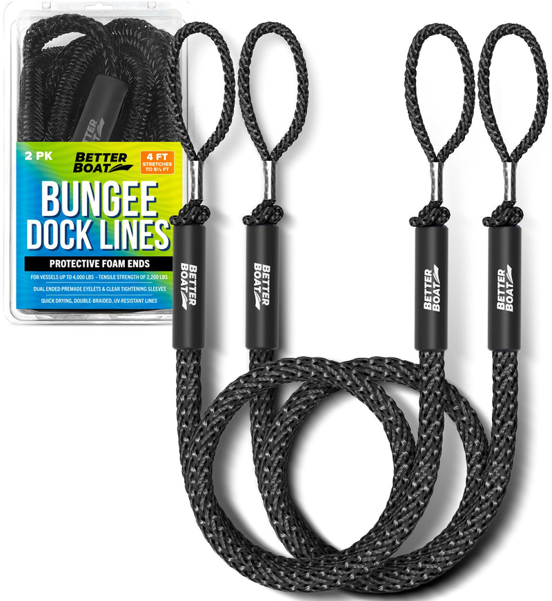 2-Pack Black Bungee Dock Lines, Marine Grade Boat Rope, Jet Ski or PWC Mooring Ties, Boating Accessories for Boats 2 Hoop Ends, 0 Clip Ends