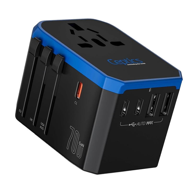 Ceptics 70W World International Travel Plug Adapter - Powerful GaN Tech with Pd & QC 3.0 Dual 3X USB-C Power - 2 USB Ports Wall Charger Type I C G A Outlets 110V 220V A/C - EU Euro US UK (70-KU) 1 Pack Universal Travel Adapter 70W