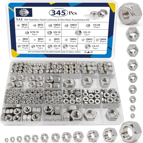 ZQZ 345Pcs SAE Hex Nut & Lock Nuts Assortment Kit (#4-1/2) Hardware Nut Set SAE Hex Nuts & Locknuts Assortment;345 PCS