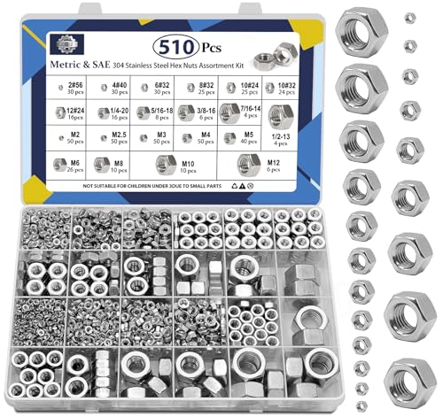 ZQZ 510 Pcs SAE & Metric Hex Nut Assortment Kit;304 Stainless Steel Nut Set SAE and Metric Hex Nuts Assortment;510 PCS