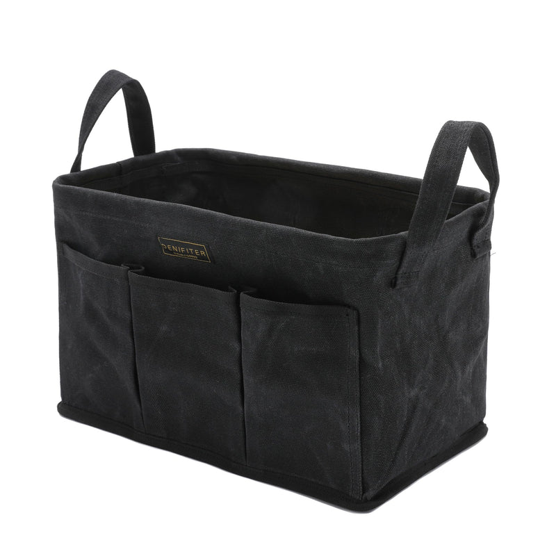 Storage Tool Case, 13.8 x 7.8 x 7.8 Inches, Rectangular Waxed Canvas Fabric Collapsible Tool Bag with Handles for Tools,Wrench Set,Screwdrivers (Black) Black-Single