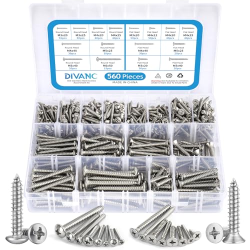 560Pcs 304 Stainless Steel Self Tapping Screws Assortment Set, M3/M4/M5/M6 Flat Head & Round Head Self Tapping Screws Assortment Set, Phillips Drive Wood Screw Assortment Kit (Silver) Silver