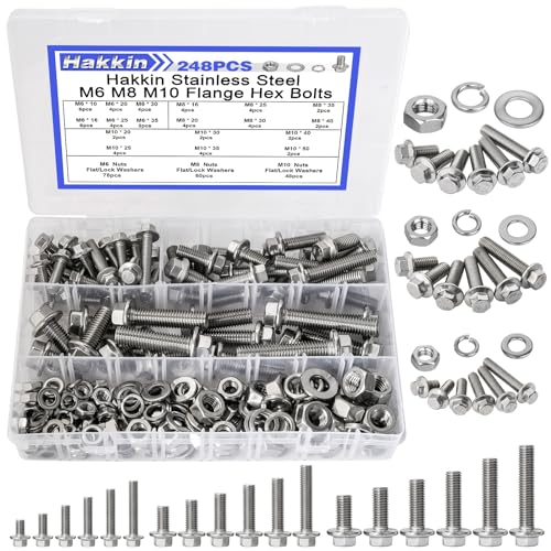 Hakkin 248Pcs Flanged Hex Bolts M6 M8 M10 Metric Bolt Assortment, Flange Hex Bolts and Nuts Kit M6 Bolt M8 x 1.25 M10-1.5 Stainless Steel Hex Head Screws Nuts Washers Assortment Kit A M6 M8 M10 Flanged Hex Head Silver (248pcs)