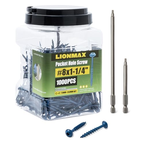 LIONMAX Pocket Hole Screws 1-1/4 Inch, 1000 PCS Exterior #8 Pocket Screws #8 x 1-1/4"