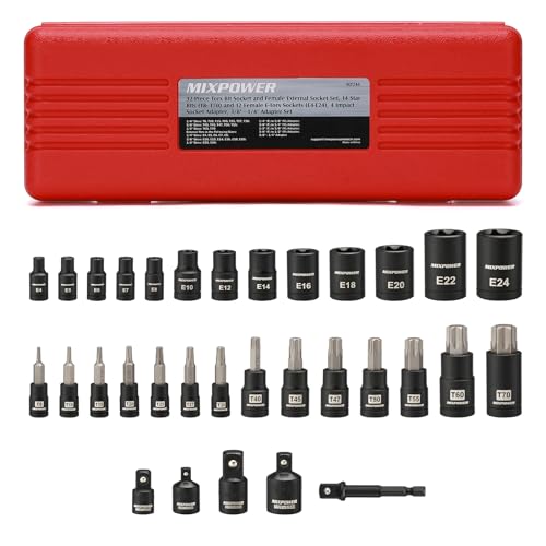 MIXPOWER 32PCS Torx Bit Socket Set, 14 Star Bits (T8-T70)& 13 E-Torx Sockets (E4-E24), CR-V & S2 Alloy Steel T8-T70,E4-E24(32PCS)