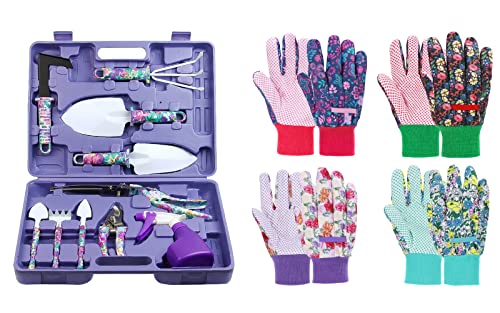 10PCS Purple Garden Tools Set & 4 Pairs Floral Garden Gloves for Women(M)