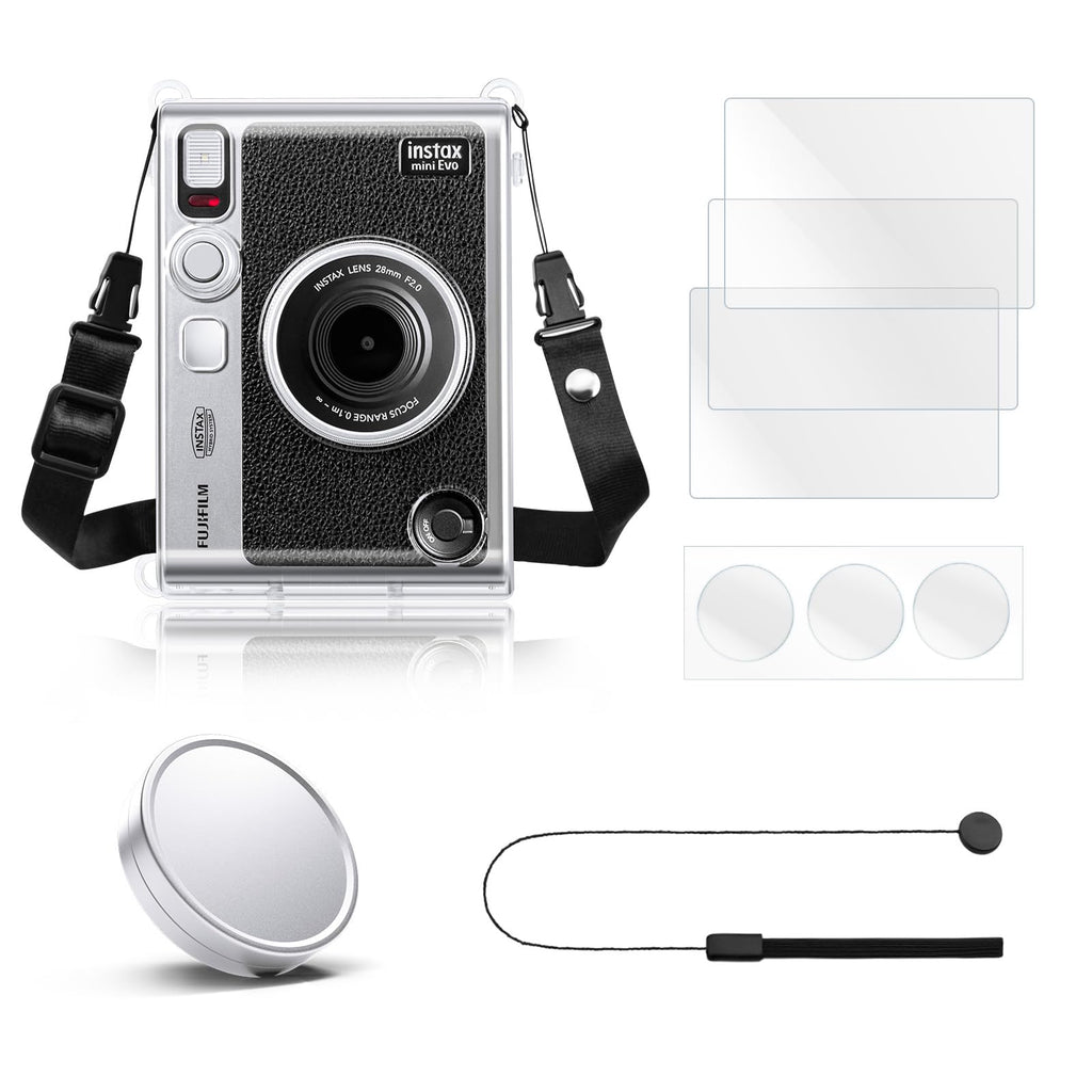 Rieibi Accessories for Fujifilm Instax Mini Evo Instant Camera, Gift Bundle Includes Clear Instax Mini Evo Case & Instax Mini Evo Lens Cap with Anti-Loss String & Screen Protector 4 accessories