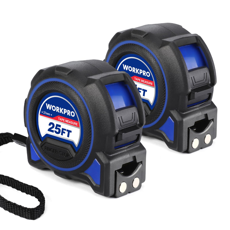 WORKPRO Heavy Duty Tape Measure, 2 Pcs 25FT Retractable Tape Measurement, Double Retract Long Stand Measuring Tape Accuracy 1/32 for Engineer, with Magnetic Hook, Belt Clip, Rubber Protective Casing Blue