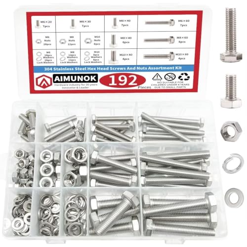 192pcs Heavy-Duty Hex Bolt/Nut Kit - M6/M8/M10 304SS w/Washers for Construction/Machinery 192Pcs Bolt/Nut Kit