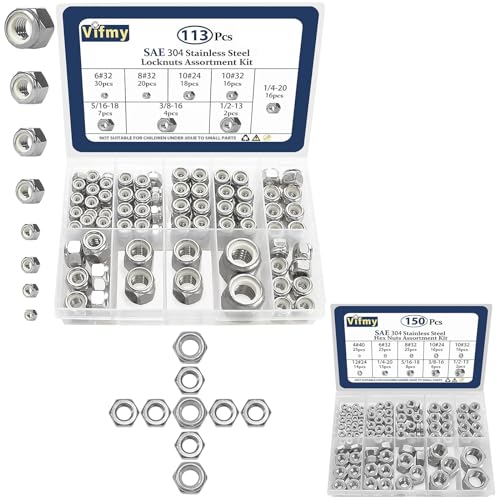 113 Pack SAE Nylon Insert Hex Lock Nuts Assortment Kit and 150 Pack SAE Hex Nuts Assortment Kit,4#40 6#32 8#32 10#24 10#32 12#24 1/4-20 5/16-18 3/8-16 1/2-13 304 Stainless Steel Hardware Nuts Se