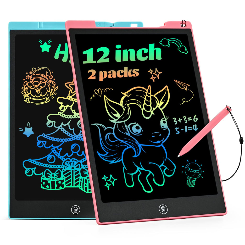 EooCoo LCD Writing Tablet 12 Inch, Drawing Pads 2 Packs for Kids, 1 2 3 4 5 6 Year Old Girl/Boy Birthday Gift Ideas, Doodle Scribble Boards, Educational Toys, Road Trip Essentials Travel Games 12”pink&blue