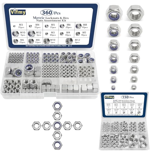 360 Pcs Metric Hex Nuts & Locknuts Assortment Kit and 150pcs SAE Hex Nuts Assortment Kit,304 Stainless Steel Standard Nut for Bolt