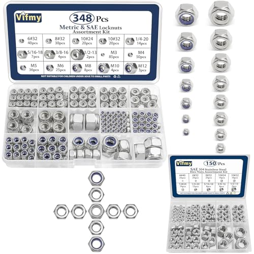 348 Pack SAE & Metric Nylon Insert Locknuts Kit and 150 Pack SAE Hex Nuts Assortment Kit,304 Stainless Steel Hardware Hex Lock Nuts Sets
