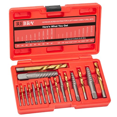 Screw Extractor Set, 37# Cr-Mo & 6542 HSS Steel Cobalt Left-Hand Drill Bit, Easy Out Broken Bolt Remover Reverse, Ez Out Stripped, Rounded-Off, Damaged Bolts, Screws&Studs Removal Tool (18-Pieces) 18-Pieces