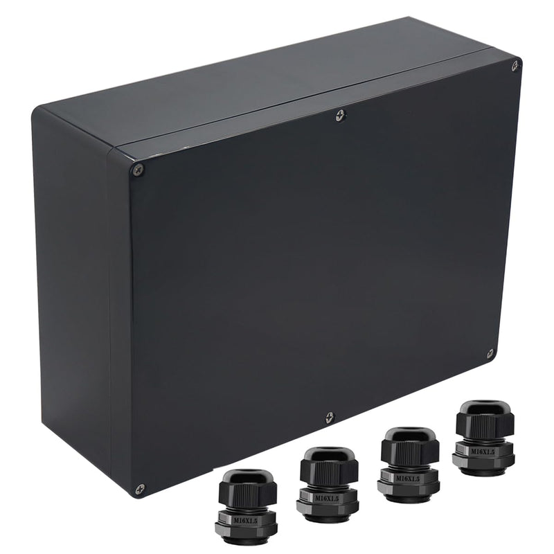Junction Box IP65 Waterproof ABS Plastic Electrical Project Case Power Junction Boxes, Project Box with 4 PCS M16 Cable Glands 11.42x8.27x3.94 inch (290 x 210 x100 mm) 11.42“x8.27”x3.94“ Black