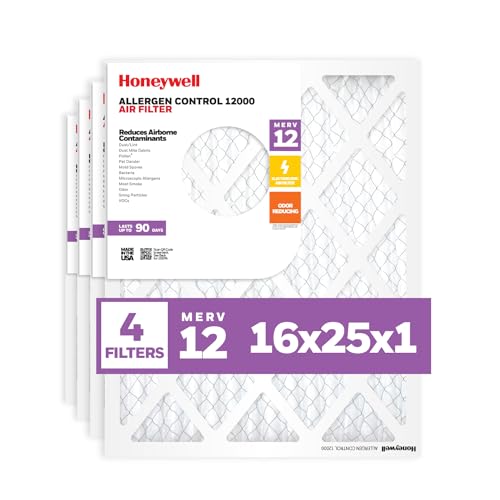 Honeywell 16x25x1 MERV 12 Electrostatic Pleated HVAC AC Furnace Air Filter (4-Pack) | Replacement Filter for Home Use | Made in USA 16x25x1 (4 Pack)
