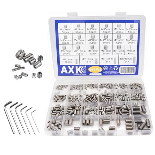 AXK 666Pcs Flat Point Set Screw Stainless Steel Hexagon Socket Grub Screw Kit M2 M3 M4 M5 M6 M8 Headless Screw Set Assortment Kit 666PCS Stainless Steel