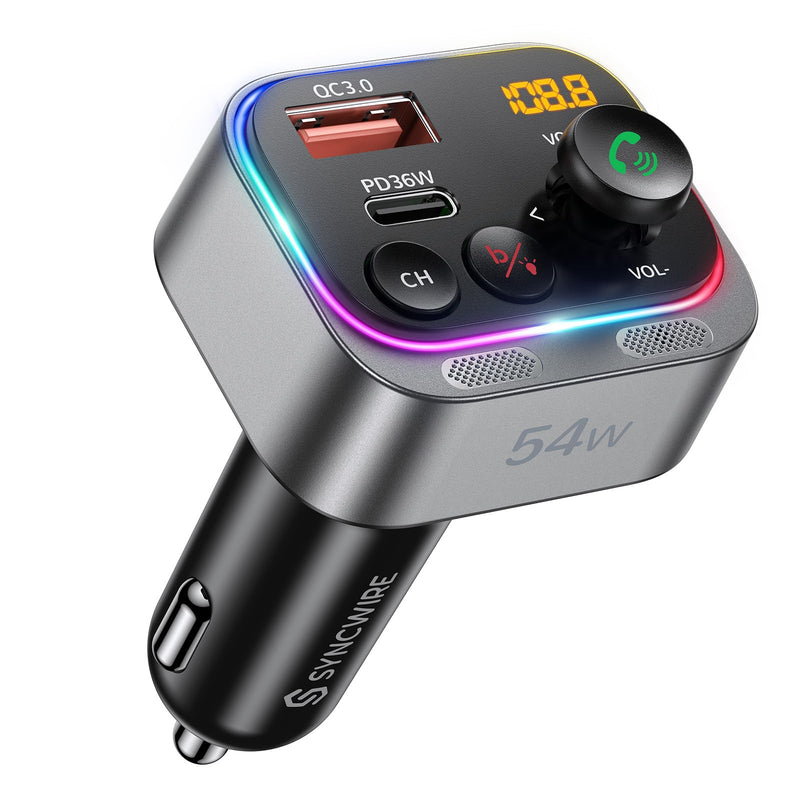 Syncwire Bluetooth 5.4 FM Transmitter Car Adapter 54W (PD 36W & 18W) [Stronger Dual Mics] [Light Switch] [HiFi Bass Sound] [Fast Charging] Wireless Radio Receiver Hands-Free Calling LED Display Silver
