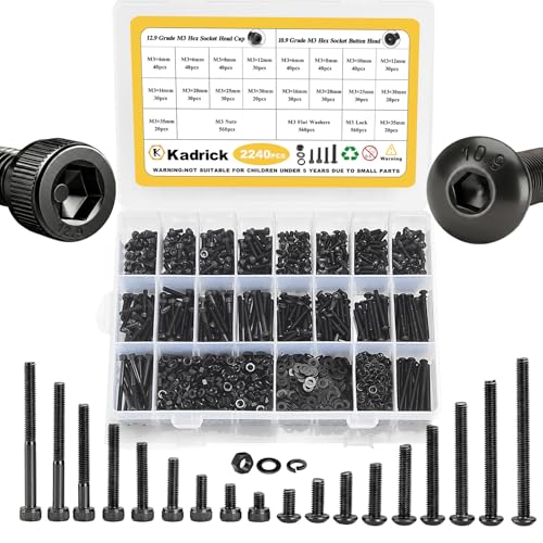 KADRICK 2240PCS M3 Screw Assortment,Hex Socket Button & Cap Head M3 Screws M3 2240Pcs 4-35mm