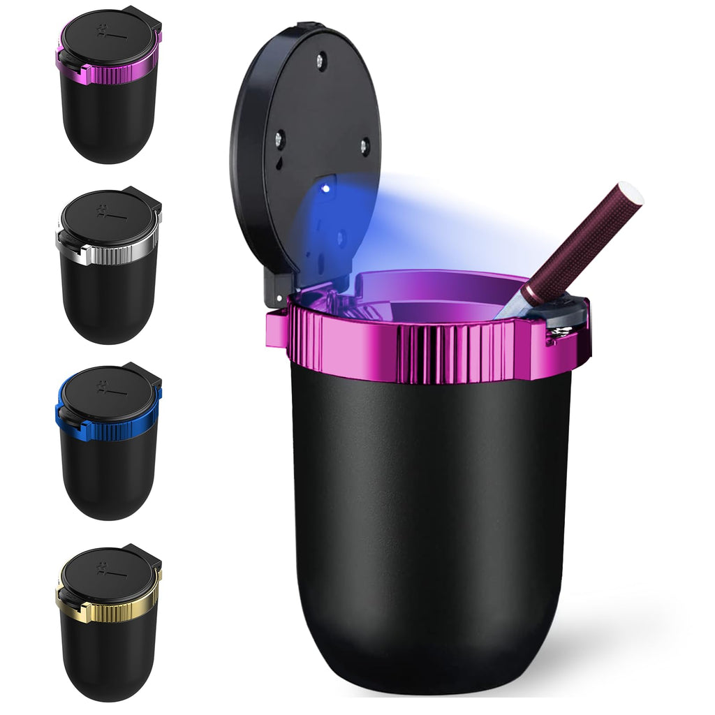 Car Ashtray with Lid, Portable Ashtray for Car, Detachable Stainless Steel Smokeless Ashtray with LED Blue Light, Windproof for car Travel, Mini Car Trash Can(Purple 1-Pack) Purple(1-Pack)