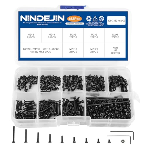 NINDEJIN M2 Button Head Socket Cap Bolts Screws, Metric M2 x 3/4/5/6/8/10/12/16/20mm Screws Bolts Nuts Assortment Kit, 452Pcs Allen Hex Drive, Black Oxide, 10.9 Carbon Steel, Fully Threaded 452Pcs M2 3mm-20mm