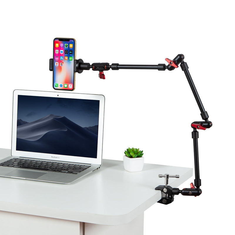 Adjustable Articulating Magic Arm with Clamp and Phone Holder Clip for Desk Mount, Desk Stand, Cell Phone Tripod 32in arm+clamp+Clip