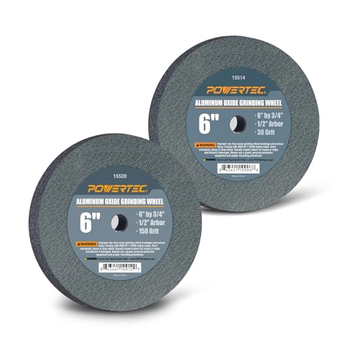 POWERTEC Bench and Pedestal Grinding Wheels, 6 Inch x 3/4 Inch, 1/2 Arbor, 150 & 36 Grit, Aluminum Oxide Bench Grinder Wheel for Bench Grinder, 2PK