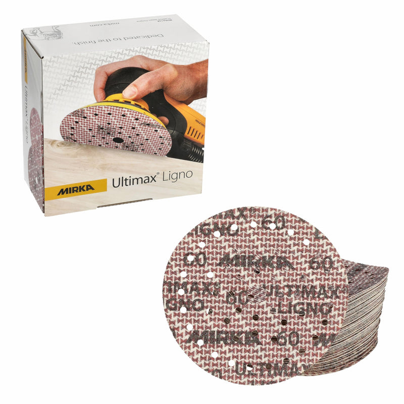 Mirka Ultimax Ligno Ø 150mm Sanding Discs Hook and Loop Multifit / Grit 60 / 50 Pieces / Multi-punched / for sanding wood surfaces | Multi-punched for efficient dust extraction, durable, ideal for sanding wood surfaces, grit 60, pack of 50