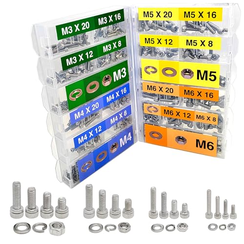 EEEEE 880PCS Metric M6 M5 M4 M3 Metric Bolt Assortment Metric Screws Assortment kit 16 Sizes Set Hex Socket Head Cap Screw 304 Stainless Steel Assorted Nuts and Bolts Washer M3 M4 M5 M6 880 pieces
