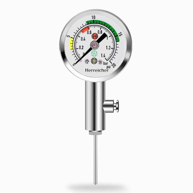 Precision Ball Pressure Gauge Professional Air Pressure Gauge for Football, Basketball, Volleyball & Rugby - Robust Metal Casing, Clear Display (0-20 PSI/0-1.4 Bar) - Includes Needle for All Ball Valves